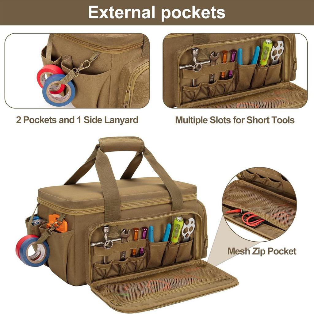 Borsa Porta Attrezzi Piccola da Uomo con Base Antiscivolo e Imbottitura Spessa Ideale per Artigiani Elettricisti Falegnami Cachi