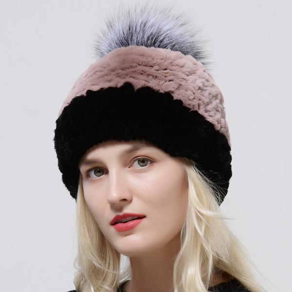 Winter Hat Women Pompom Warm Natural Rex Rabbit Fur Cap Thick Headwear Classic Popular Female Stylish Knitted Hat