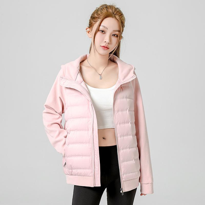 

Пуховик мужской и женский осенне-зимний белый утиный пух легкий и тонкий трикотажный спортивный контрастный цветной парный пиджак с капюшоном 4XL розовый