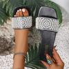 Women Pearl Rhinestone Square Toe Flat Slide Sandals Summer Beach Casual Comfortable Dress Slippers