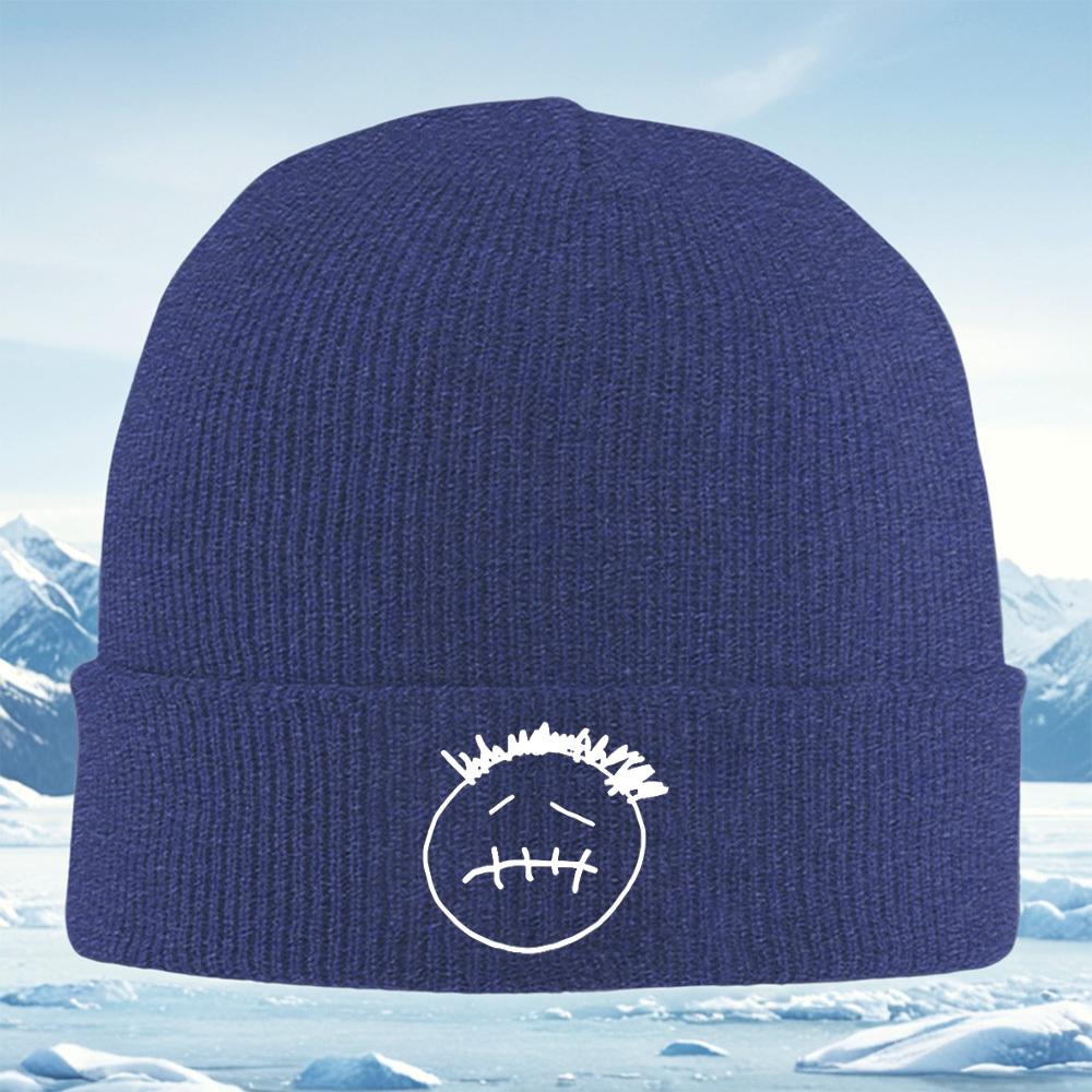 Smiling Face White Hair Black Background Men Women Unisex Knitted Hat Beanie Pullover Cap Winter Thermal Warm Christmas Outdoor