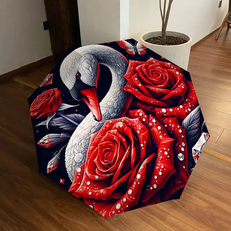 

Red Rose Swan Butterfly Automatic Opening/Closing Umbrella - Portable Folding Design with 8-Bone Iron Frame for Outdoor Use, Perfect Gift fo