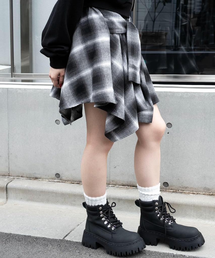 WEGO Irregular Hem Mini Checkered Korean Size Black Women's Flannel-Like Skirt, Skirt, Fall/Winter Outfit, Streetwear, Casual, Style, Gift, F,