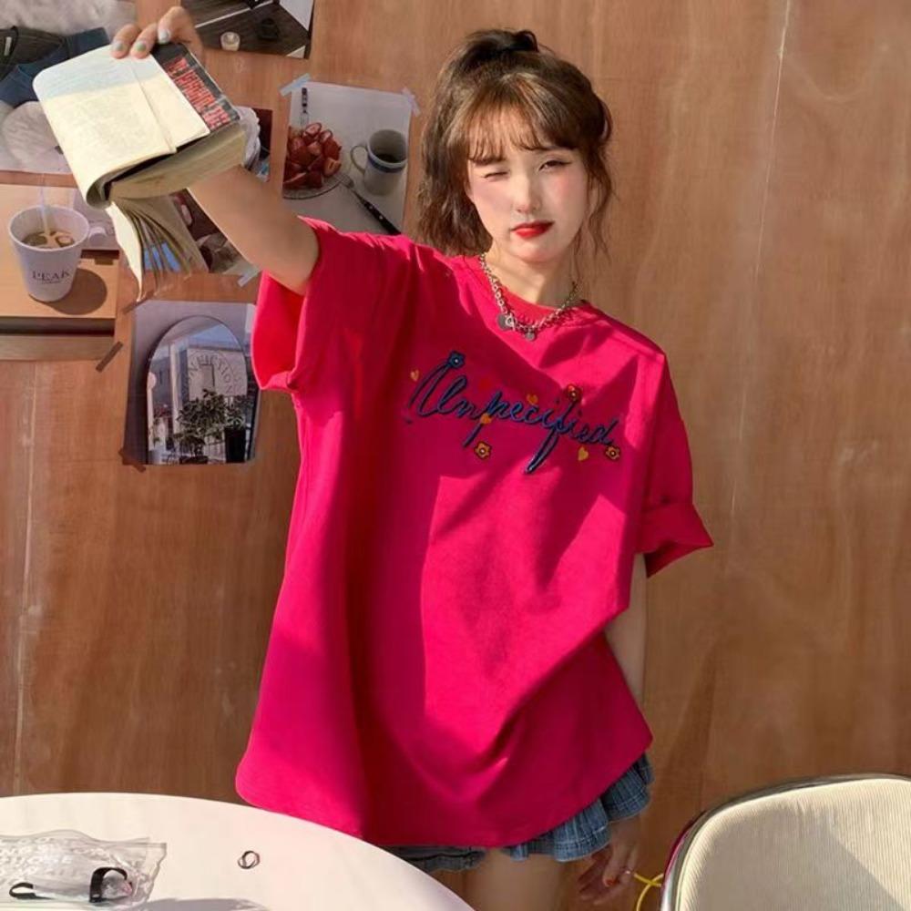 

Корейская женская футболка, модная, с короткими рукавами, корейская новая летняя рубашка, свободная, с винтажным принтом, с круглым вырезом, футболки baju COD 4XL