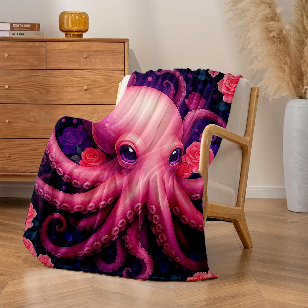 1pc Pink Octopus & Purple Roses Plush Fleece Blanket - Cute Anime-Inspired Tentacle & Bedspread, Soft Quilted All-Season Cozy