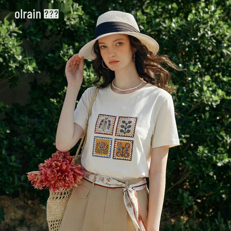 Olrain Women s Sequin Art Print Short Sleeve T-Shirt XL абрикосовый