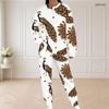 Women Plus Size Two Piece Set Round Neck Long Sleeve White Printed Top And Long Pants