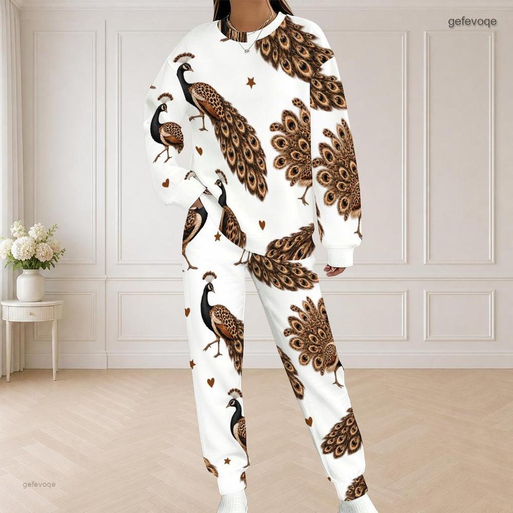 Women Plus Size Two Piece Set Round Neck Long Sleeve White Printed Top And Long Pants
