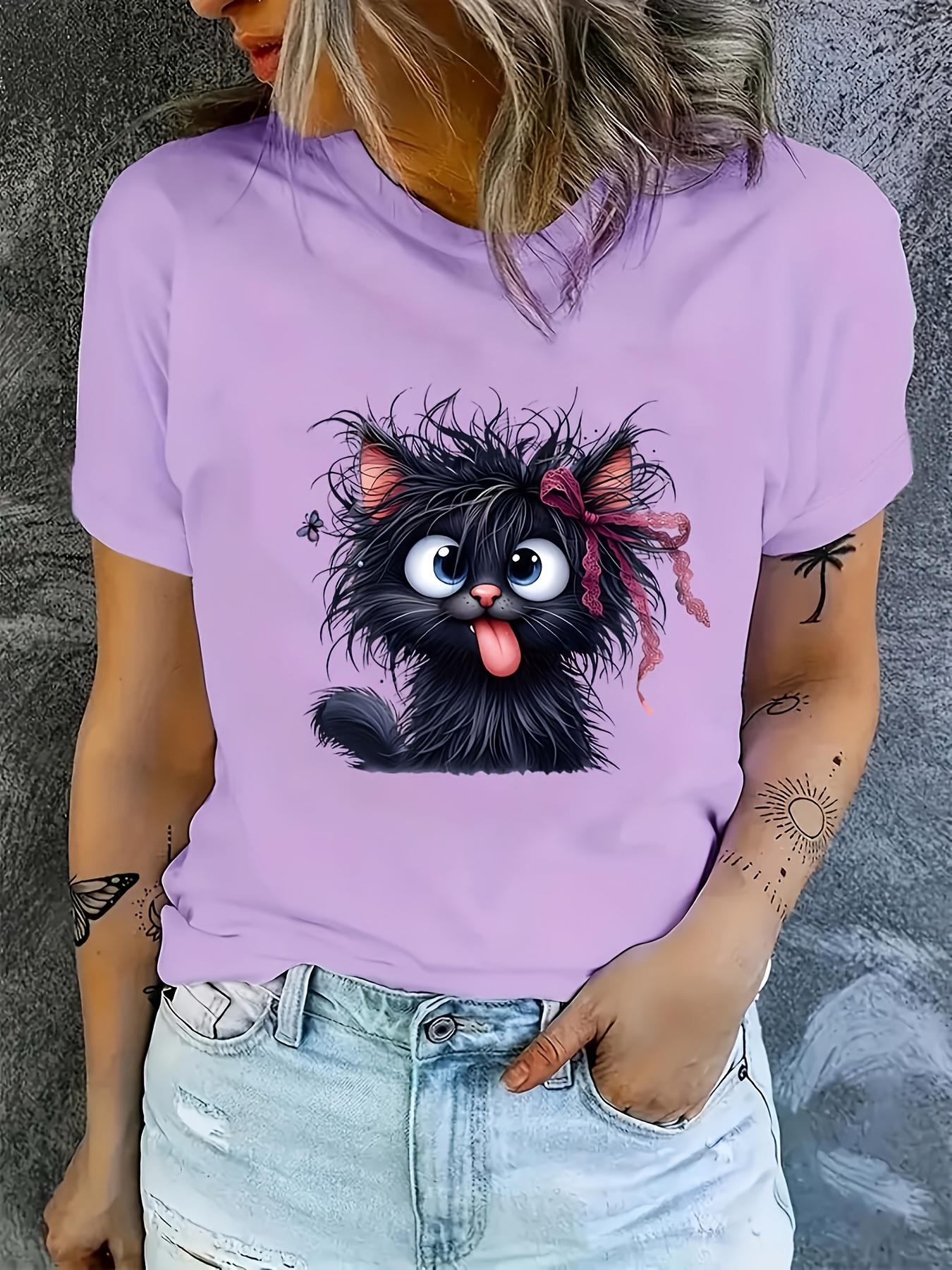

Fluffy Black Cat Women s Tee - Cute Cartoon Graphic, Playful Feline Print for Casual Daily Wear XL