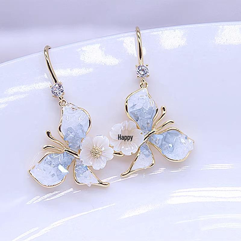 Gradient Blue Butterfly Flower Ear Hook Earrings for Women - High-End Korean Design, Perfect for Spring and Summer.