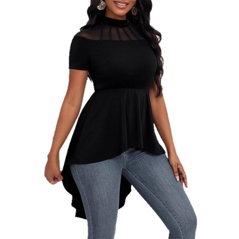 Women's Sexy Round Neck Shoulder Perspective Spice Girl Irregular Hem Short Sleeve Top