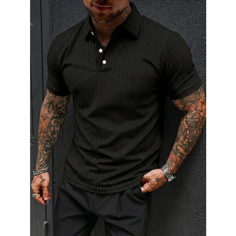 Men's Vertical Striped Textured Polo Shirt Short Sleeve Slim Fit Casual Top