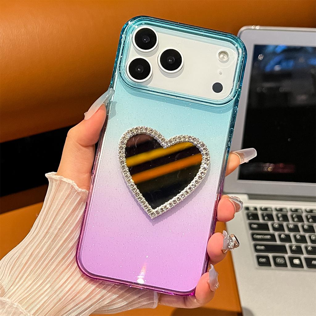 For iPhone 17 Pro Max Case Glitter Dual Color PC+TPU Clear Phone Cover with Heart-Shape Mirror