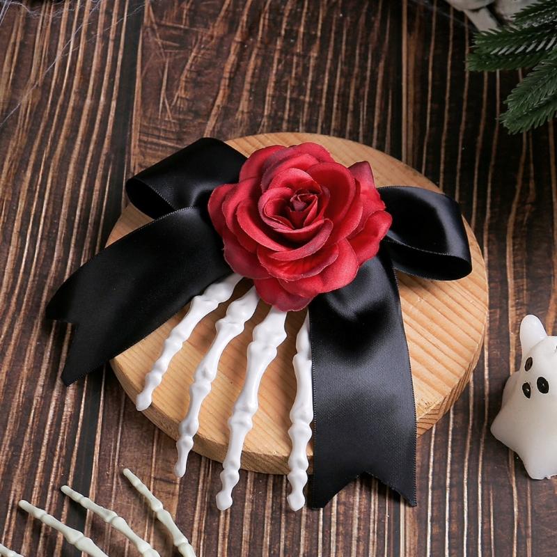 1pc Lightweight Gothic Skeleton Hand Hairpin Rose Design Secure Hold Accessories For Haunted Event