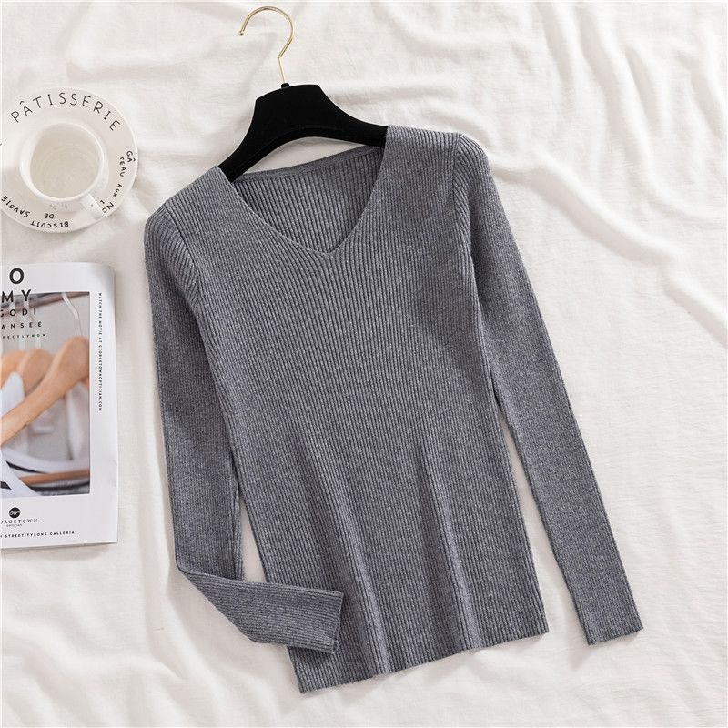 

Женский осенне-зимний эластичный тонкий свитер с v-образным вырезом, универсальный вязаный пуловер большого размера, нижние свитера с длинными рукавами S серый