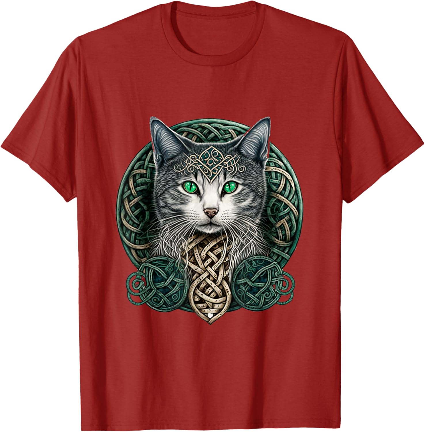 Футболка с кельтским узлом и портретом кошки, зеленые глаза, языческая, викканская, графическая, хлопковая, повседневная S