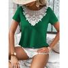 Women's Hollow Top Lace Patchwork Round Neck Collar Casual Loose Short Sleeve T-shirt