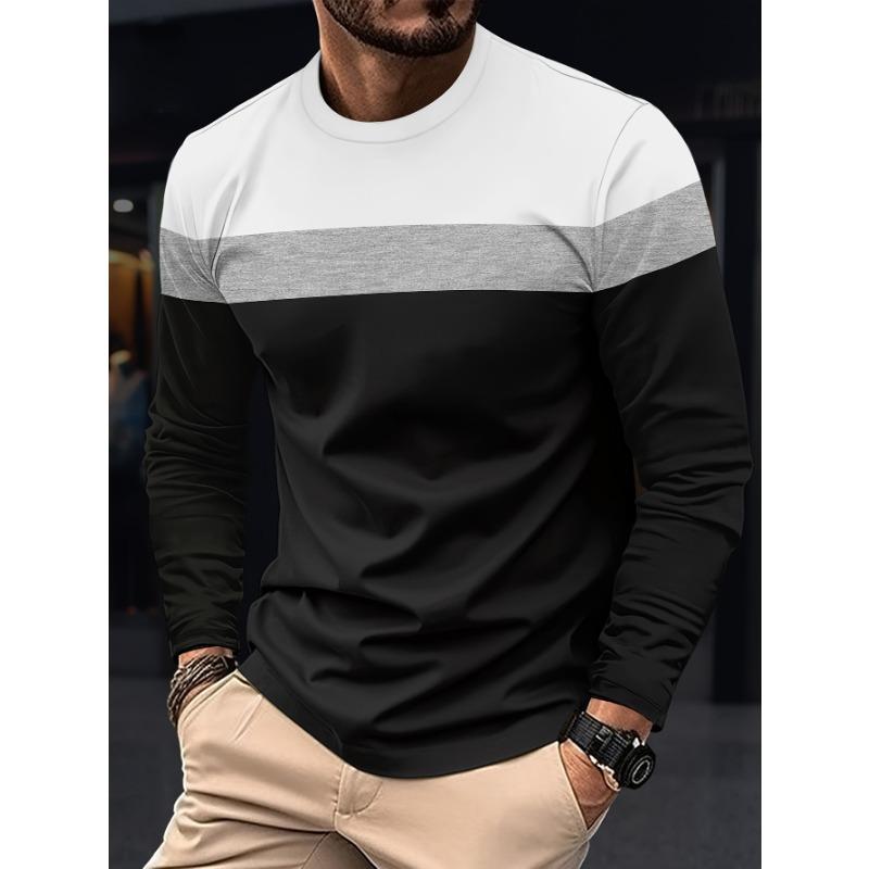 Men's Casual Outdoor Color Blocked Long Sleeved T-shirt, Breathable and Comfortable Top, Suitable for Fitness, Hiking and Daily Life