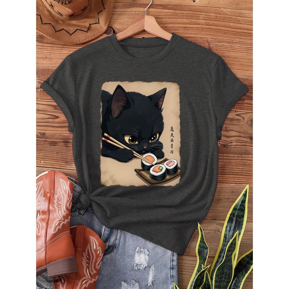 

Women Cotton Short Sleeves T-shirts Black Cat Eating Sushi Women s Tee Japanese Art Graphic S