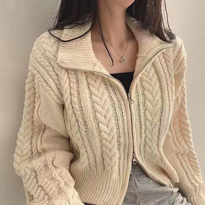 2025 Korean Retro Double-Zip Twisted Sweater Cardigan - Autumn/Winter Edition
