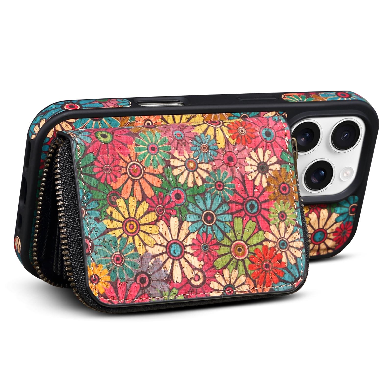 

For iPhone 16 Pro Magnetic Case with Detachable Zipper Card Bag Flower Leather Back Cover Red