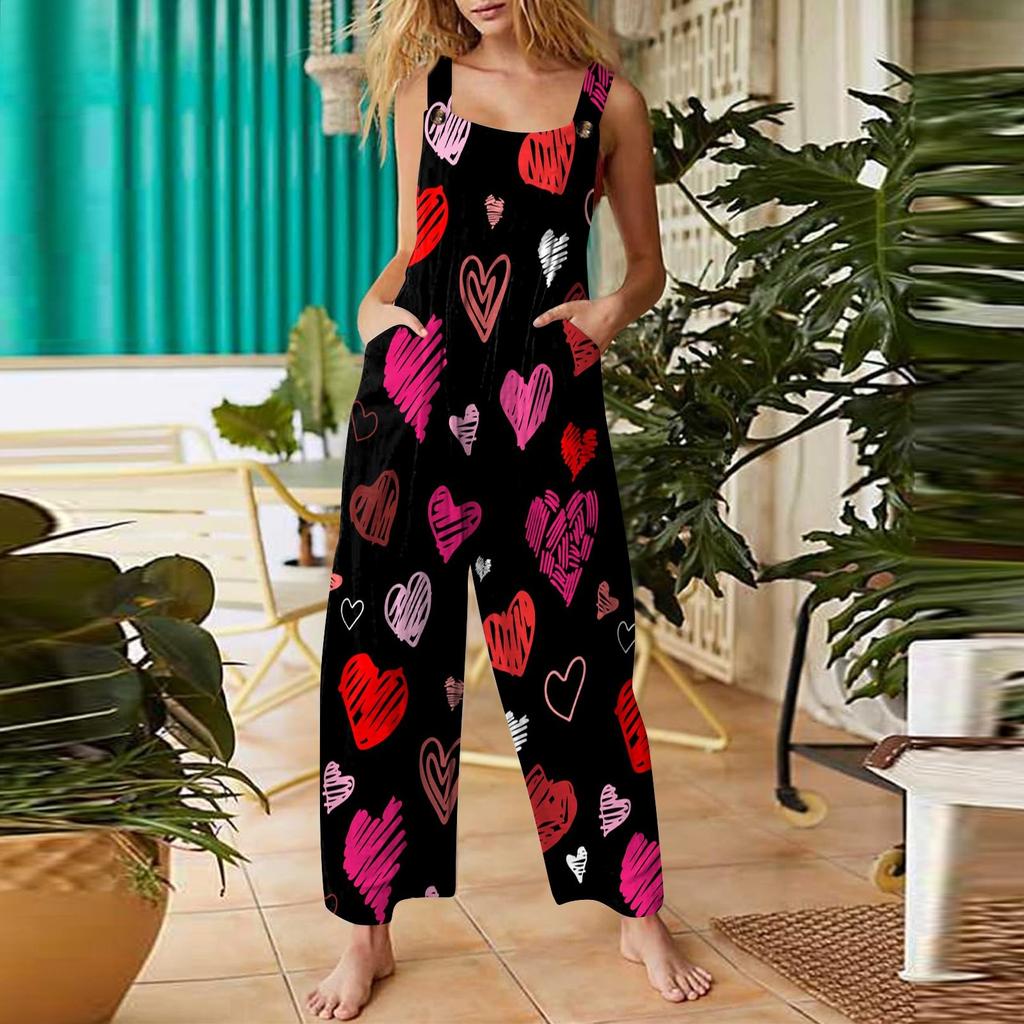 Womens Casual Overalls Jumpsuits Adjustable Straps Sleeveless Valentine's Day Print Comfy Rompers With Pocket
