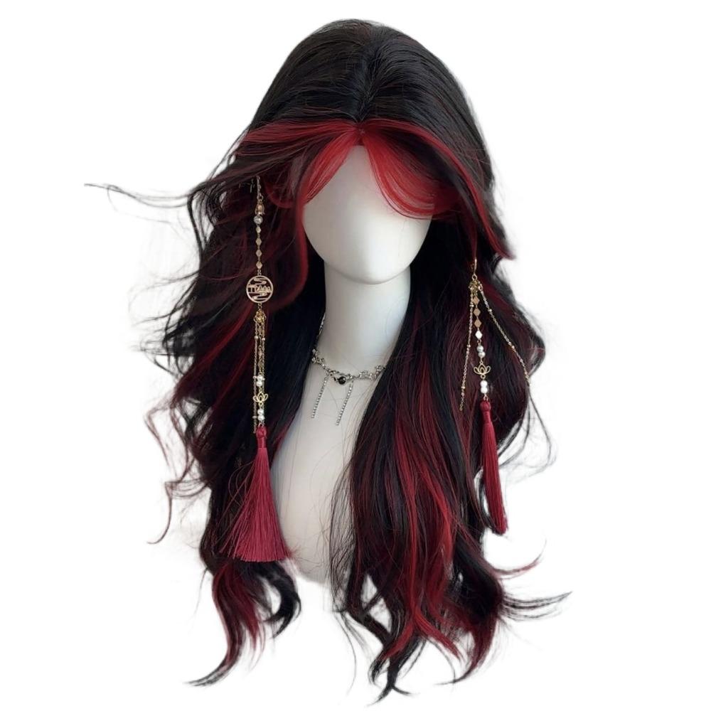 Mittelscheitel Schwarzes Ombre Rotes Gestuftes Haarteil Halloween Lolita Cosplay Perücken für Damen