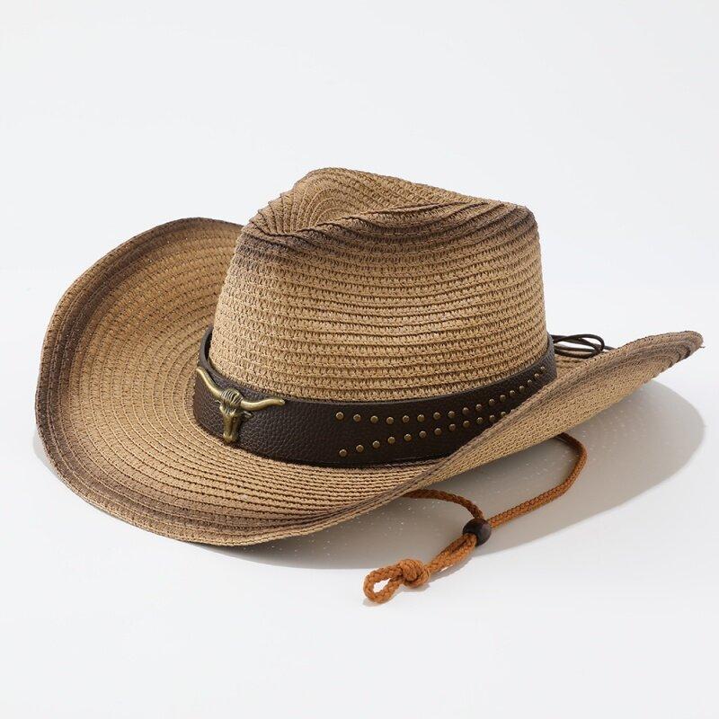European and American Fashion Big Eaves Western Cowboy Hat Women's Spring and Summer New Rolled Edge Bull Head Sunscreen Shade Straw Hat