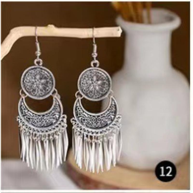 Retro Ethnic Style Source Earrings Muse Fan Literary Temperament Ear Hook Tassel Metal Pendant Earrings
