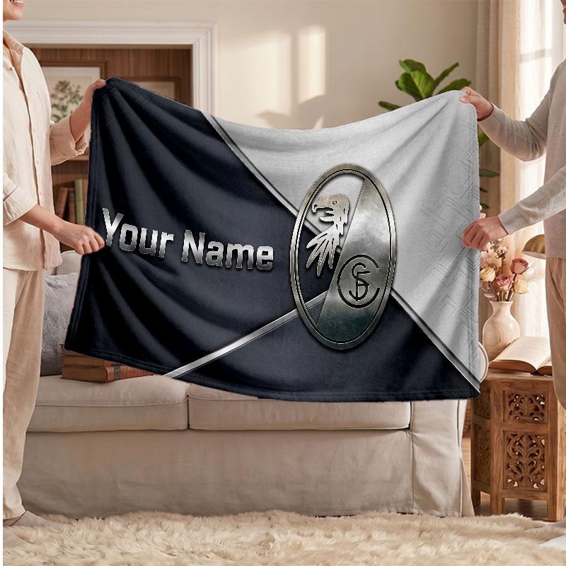 SC Freiburg Personalized Fleece Blanket With Football Logo, Custom Name Text Soft Warm Home Throw Blanket