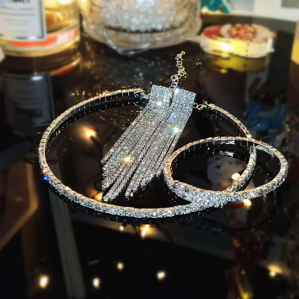 Collar three-piece luxury high-end multi-row rhinestone necklace, earrings, bracelet, fashion bridal jewelry, dress accessories