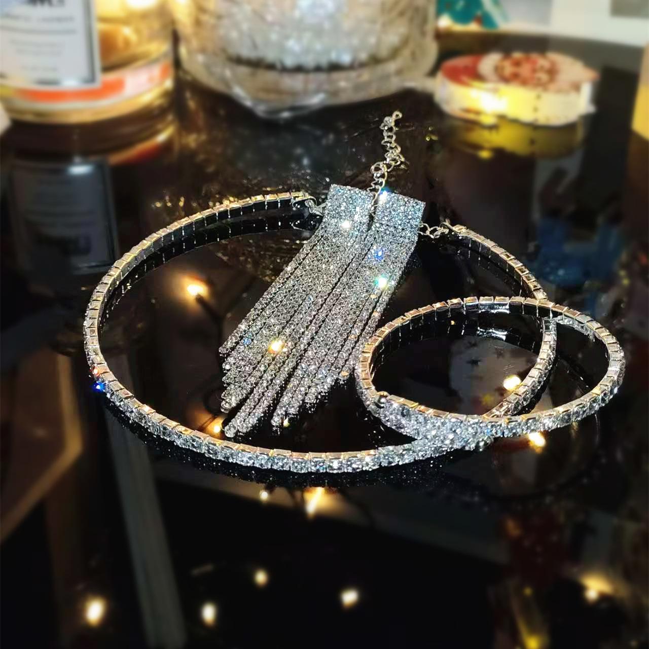 

Collar three-piece luxury high-end multi-row rhinestone necklace, earrings, bracelet, fashion bridal jewelry, dress accessories