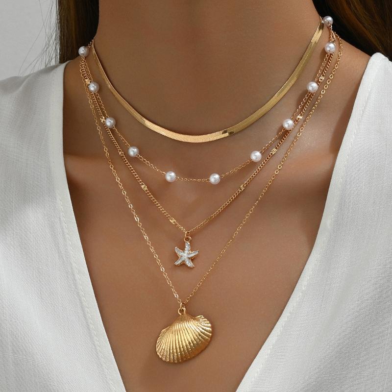 Bohemia Vergoldete Doppellagige Muschel Halskette Für Frauen Seestern Muschel Jakobsmuschel Anhänger Choker Sommer Strand Schmuck Zubehör