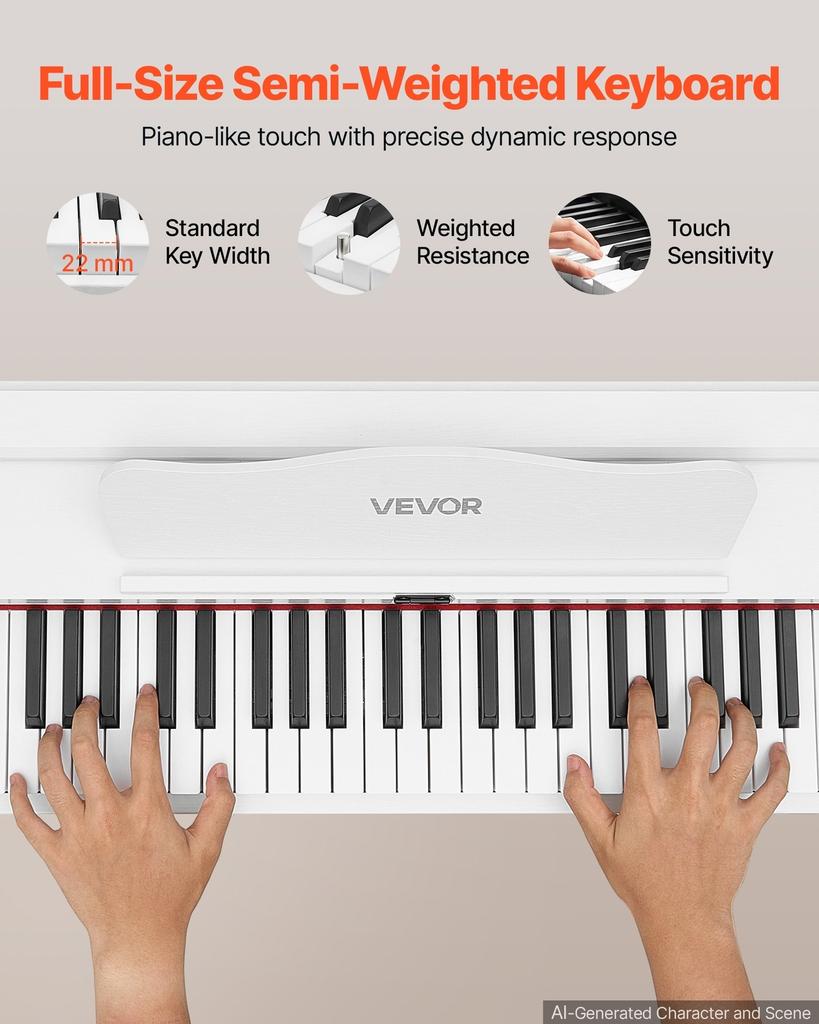 Digital Piano 88 Keys Semi Weighted Full Size Keyboard Stand White, for Beginners, 600 Tones, 600 Rhythms, Electric Piano, with Sustain Pedal,