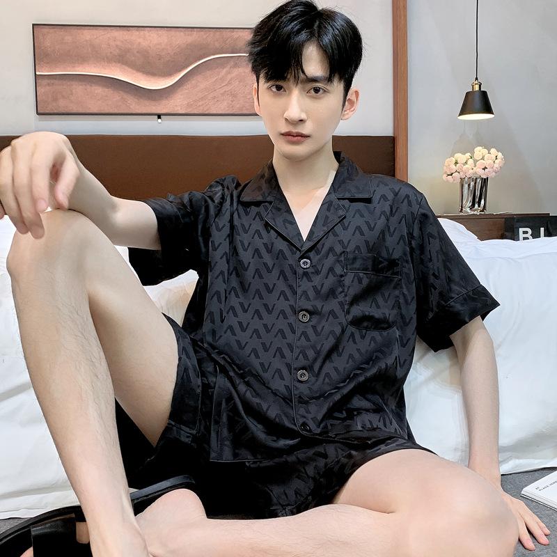 Jacquard Pajamas Suit Men Summer Ice Silk Shorts Sleepwear Set Thin Satin Loungewear Male Night Clothing