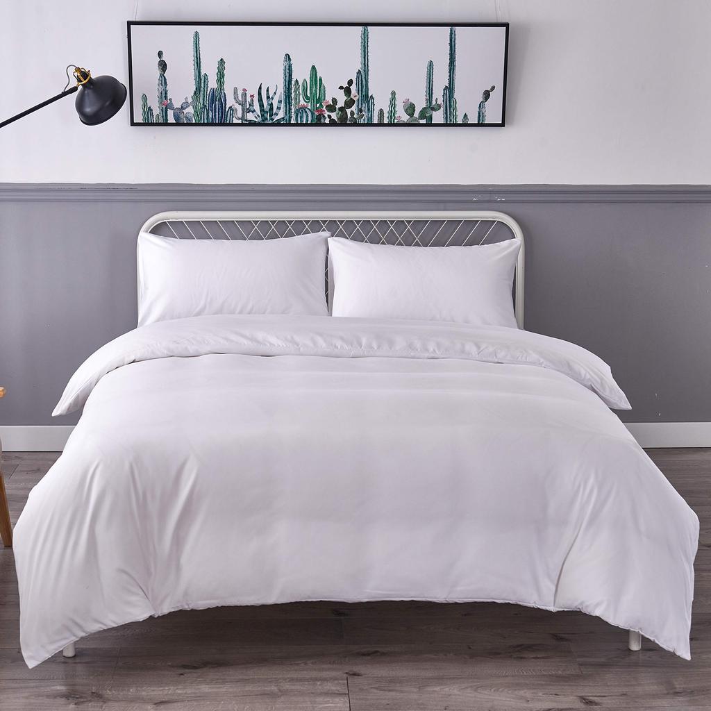 Double Bedding Cotton Solid Duvet Fitted Dust Mite Resistant 4-Piece Set, Blend, Color, Cover, Sheet, Pillowcases, Washable, Quick-Drying, (White)