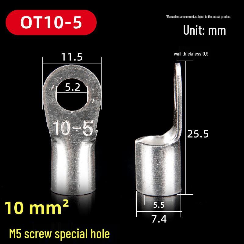 OT Series Pure Copper Crimp Lugs: Cold-Pressed Terminals, Brass Silver-Plated Bolt, Round Wiring Ears Connectors