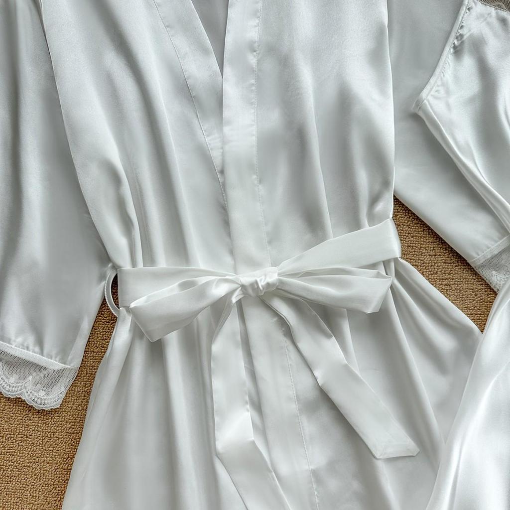 European & American Summer Silk-Feel Sexy Pajamas: Long Sleeve Nightgown Robe Two-Piece Set – Comfortable Tie-Up Women's Homewear.