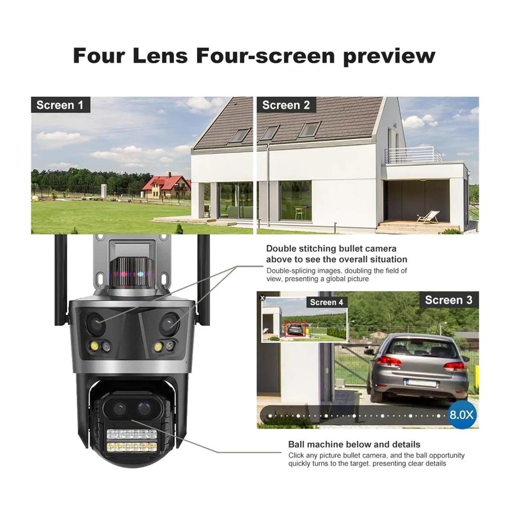 Three Lens Security Camera Outdoor, Outside Cameras for Home Security with Cord, IP66 Waterproof, AI Tracking, Light Alarm, Color Night, 2-Way Talk