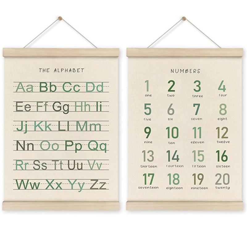 2Pieces Toddler Learning Alphabets and Number Posters with Wood Hanger Frame for Classroom and Playroom Nursery Decors