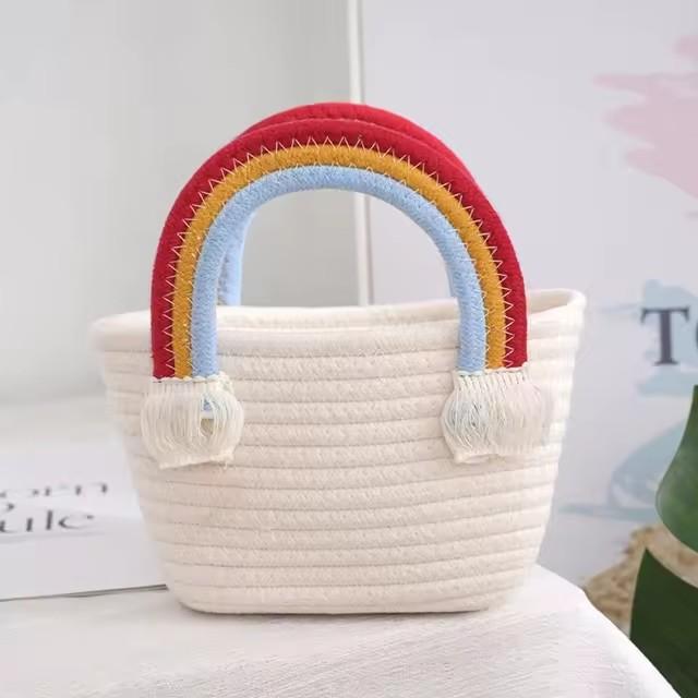 

Handmade Cotton Rope Woven Handbag, Rainbow Cloud Pattern Storage Basket, Multifunctional Cosmetic Organizer Portable Picnic Fruit Basket