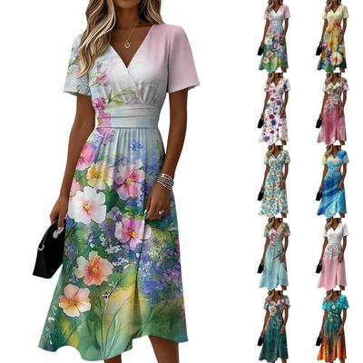 Robe fleurie décontractée à manches courtes et col en V pour femme
