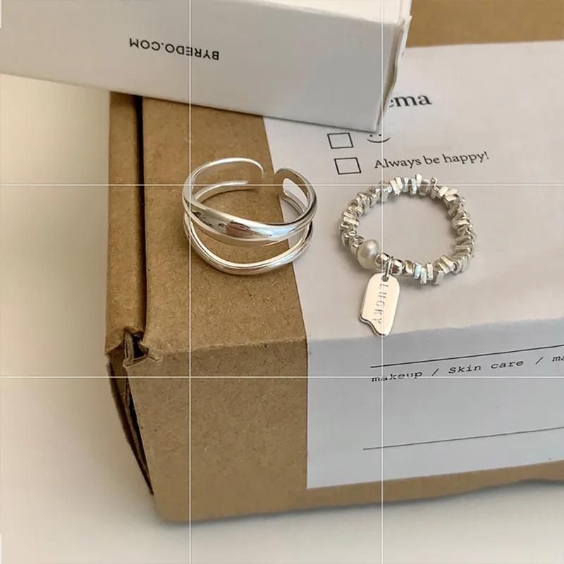 Sliver-Plated Pearls Beading Double Layer Ring For Women Girl Gift Luck Simple Retro Jewelry