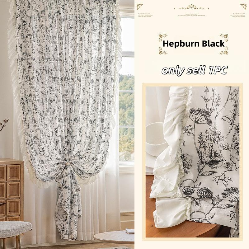 1 STuks Franse Kant Doorzichtig Gordijn, Lichtdoorlatend Privacy Raambekleding, Fris , Woonkamer Slaapkamer Balkon Decor W130xH100cm&Grommet Top&1 panel zwart