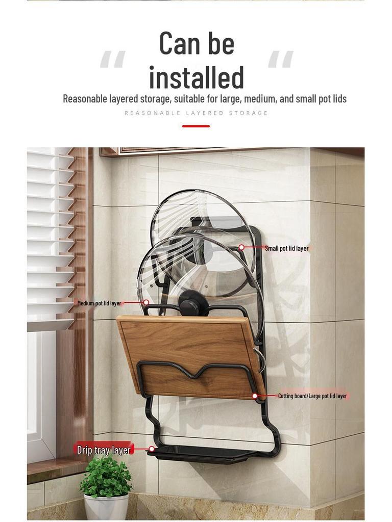 Rostfri väggmonterad grytlock- och skärbrädeorganisatör med vattenuppsamlingslåda