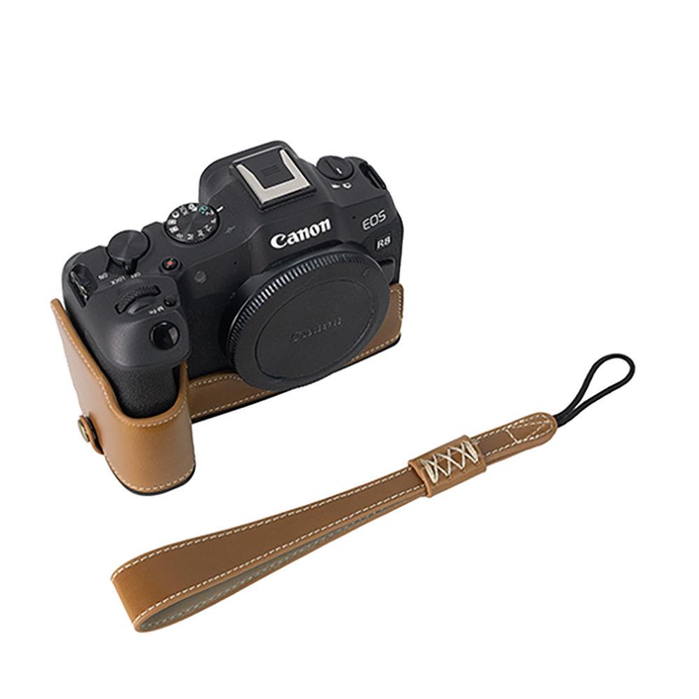 

R8 PU Leather Camera Half Body Case for Canon EOS R8 Battery Opening Bottom Cover With Hand Strap