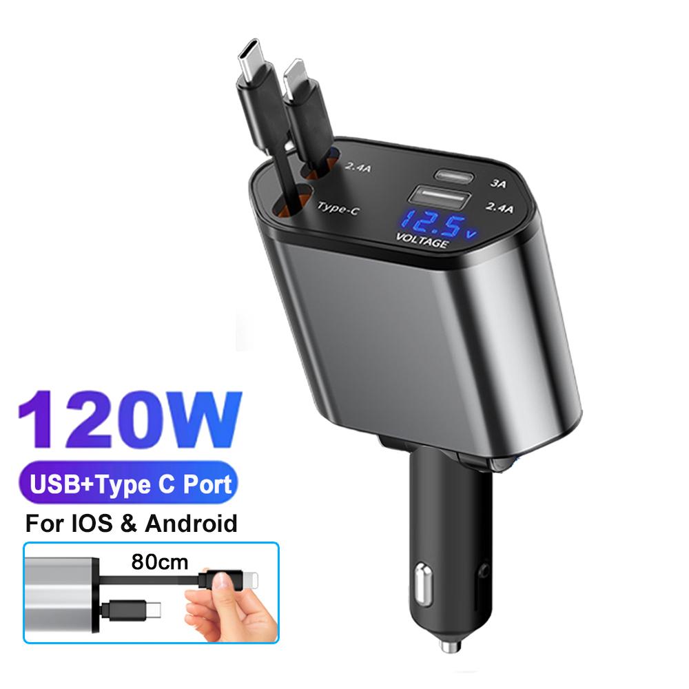 4 IN 1 Quick Phone Charger 120W Max USB Type C PD30W with 2 Retractable Cables Voltage Display Car Phone Power Adapter