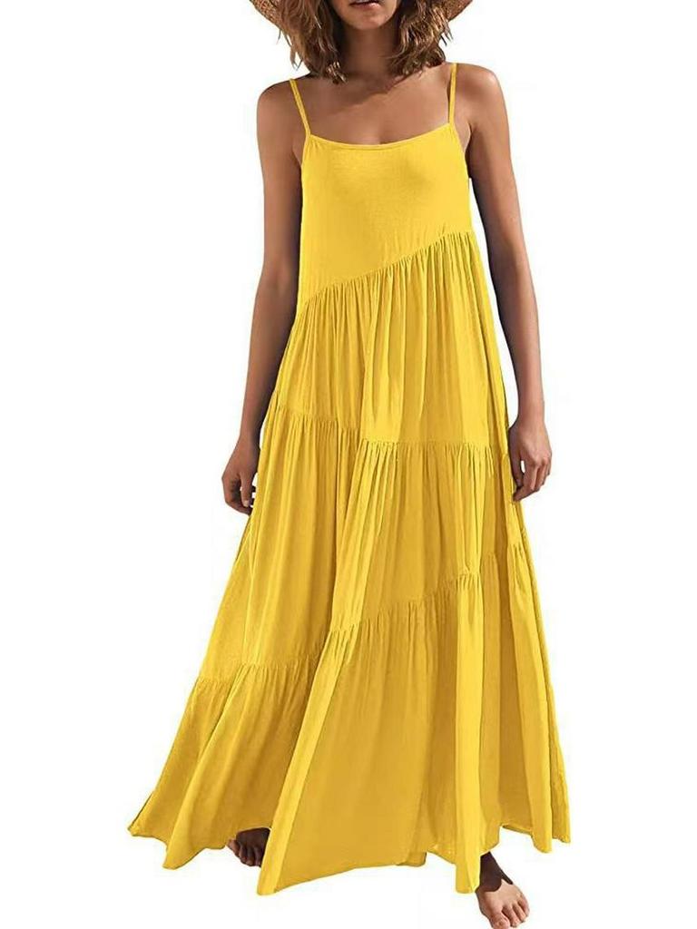 2025 European Women's Summer Pleated Irregular Long Beach Dress