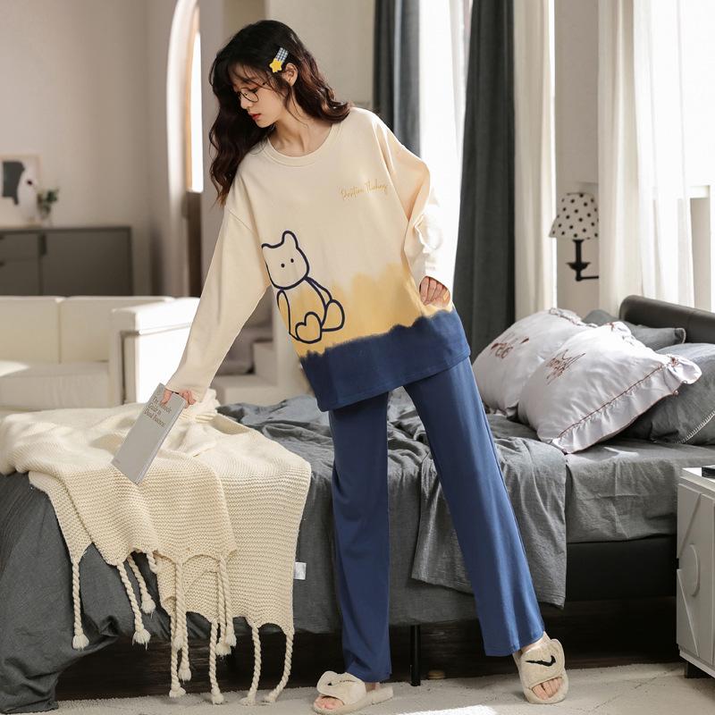 Cute Cartoon Cotton Pajama Set for Women - Loose Fit, Long Sleeve, Suitable for Spring and Autumn