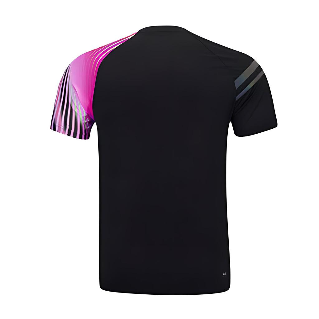 Li Ning Logo Color Block Printed Comfortable Short Sleeve Badminton Shirt Men Tops Black AAYS055-4